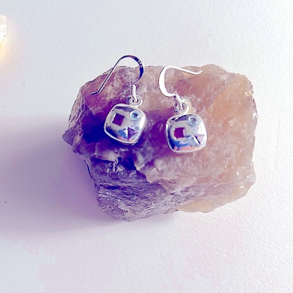 NWOT .925 Sterling Silver Modernist earrings Garnet, Amethyst, Blue Topaz inlaid - Picture 2 of 8